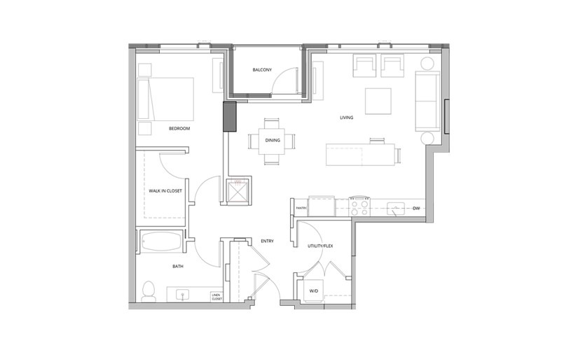T02 1 Bedroom 1 Bath Floorplan