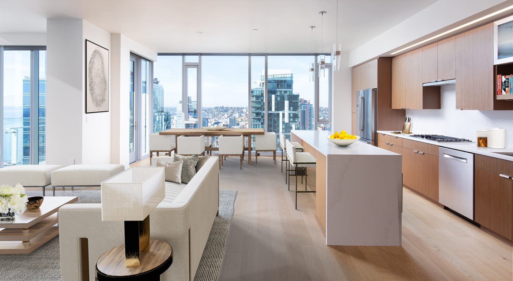 open concept floor plan with floor-to-ceiling windows and amazing views of the city