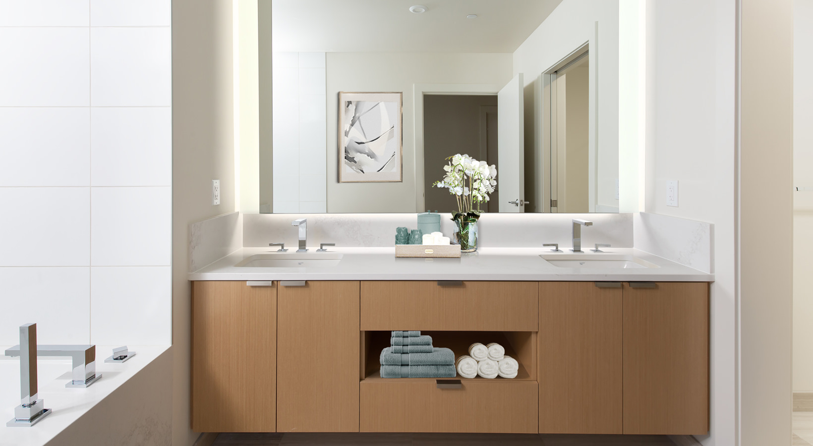 soaking tub and upscale fixtures in penthouse bathroom